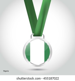 Nigeria Flag in Silver Medal. Vector Illustration. RIO Olympic Game silver Medal. Vector Illustration