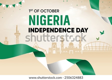 Nigeria Flag Waving On Skyline Background. Independence Day Concept Design Vector Illustration.