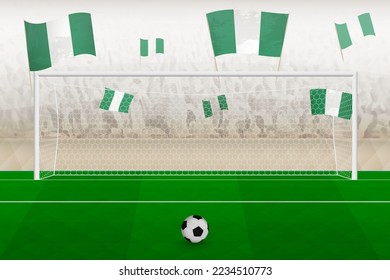 Nigeria football team fans with flags of Nigeria cheering on stadium, penalty kick concept in a soccer match. Sports vector illustration.