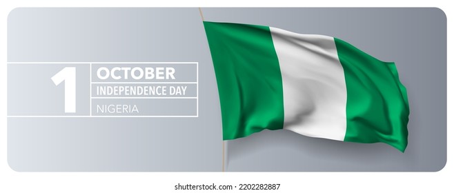 Nigeria happy independence day greeting card, banner vector illustration. Nigerian national holiday 1st of October design element with 3D waving flag on flagpole