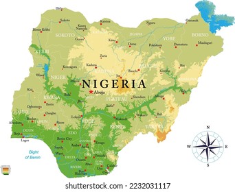 Mapa físico altamente detallado de Nigeria 