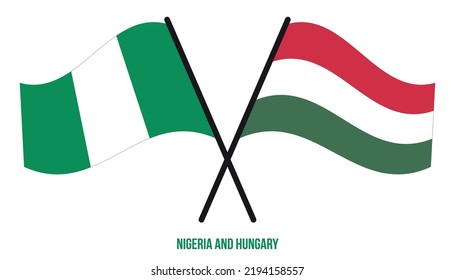 Nigeria and Hungary Flags Crossed And Waving Flat Style. Official Proportion. Correct Colors.