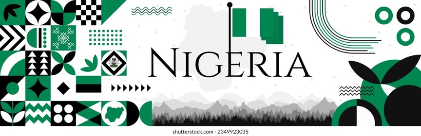 The Nigeria Independence Day abstract banner design with flag and map. Flag color theme geometric pattern retro modern Illustration design. Green color template.