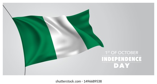 Nigeria independence day greeting card, banner, horizontal vector illustration. Nigerian holiday 1st of October design element with waving flag as a symbol of independence 