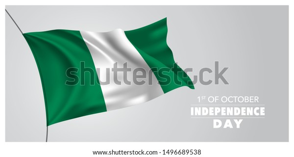 Nigeria\
independence day greeting card, banner, horizontal vector\
illustration. Nigerian holiday 1st of October design element with\
waving flag as a symbol of independence\

