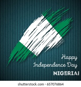 Nigeria Independence Day Patriotic Design. Expressive Brush Stroke in National Flag Colors on dark striped background. Happy Independence Day Nigeria Vector Greeting Card.