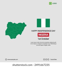 Nigeria Independence Day Social Media Banner, Editable Vector Design with Map and Flag