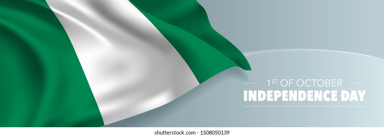 Nigeria independence day vector banner, greeting card. Nigerian wavy flag in 1st of October national patriotic holiday horizontal design