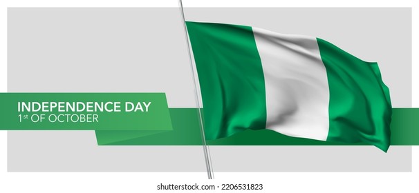 Nigeria independence day vector banner, greeting card. Nigerian wavy flag in 1st of October patriotic holiday horizontal design