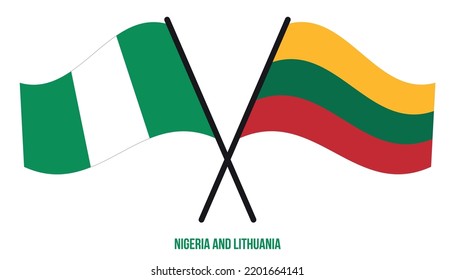 Banderas nigerianas y lituanas cruzadas y ondeando estilo plano. Proporción oficial. Colores correctos.