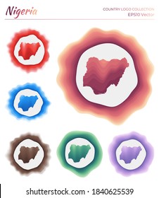 Nigeria logo collection. Colorful logos of the country. Unique layered dynamic frames around Nigeria border shape. Vector illustration.