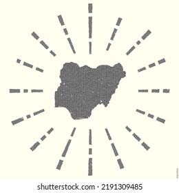 Nigeria Logo. Grunge sunburst poster with map of the country. Shape of Nigeria filled with hex digits with sunburst rays around. Charming vector illustration.