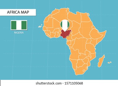 Nigeria map in Africa, icons showing Nigeria location and flags.