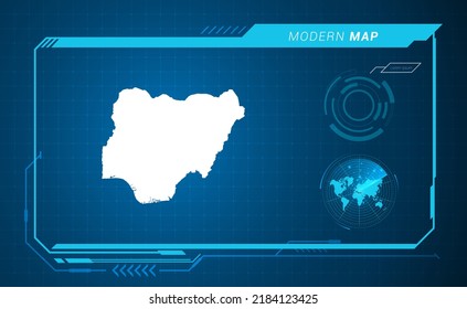 Nigeria map of blue digital frame HUD, GUI, UI interface technology radar vector.