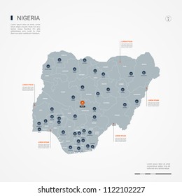 Nigeria map with borders, cities, capital Abuja and administrative divisions. Infographic vector map. Editable layers clearly labeled.