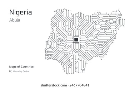 Nigeria Map with a capital of Abuja Shown in a Microchip Pattern with processor. E-government. World Countries vector maps. Microchip Series	