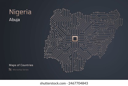 Nigeria Mapa con la capital de Abuja en un patrón de microchip con procesador. Gobierno electrónico. Mapas de Vector de Países Mundiales. Serie de microchips	