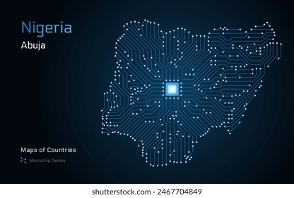 Karte von Nigeria mit der Hauptstadt Abuja, in einem Mikrochip mit Prozessor dargestellt. E-Government. In: World Countrys Vektorgrafik Maps. Mikrochipserie	