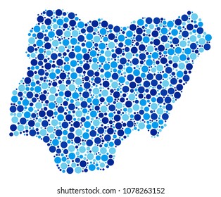 Nigeria Map collage of small circles in various sizes and blue shades. Randomized round elements are organized into Nigeria Map mosaic. Vector geographical blue map design concept.
