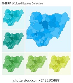 Nigeria map collection. Country shape with colored regions. Light Blue, Cyan, Teal, Green, Light Green, Lime color palettes. Border of Nigeria with provinces for your infographic. Vector illustration.