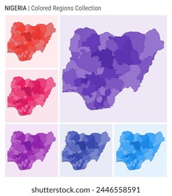 Nigeria map collection. Country shape with colored regions. Deep Purple, Red, Pink, Purple, Indigo, Blue color palettes. Border of Nigeria with provinces for your infographic. Vector illustration.