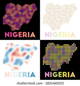 Nigeria map. Collection of maps of Nigeria in dotted style. Borders of the country filled with rectangles for your design. Vector illustration.