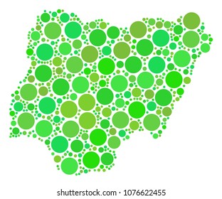 Nigeria Map composition of scattered circle elements in different sizes and fresh green color tones. Vector spheric items are grouped into nigeria map mosaic. Fresh geographical map design concept.