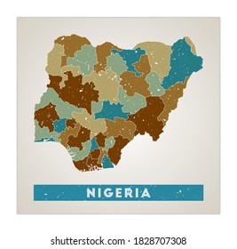 Nigeria map. Country poster with regions. Old grunge texture. Shape of Nigeria with country name. Captivating vector illustration.