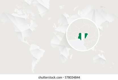 Nigeria map with flag in contour on white polygonal World Map. Vector Illustration.