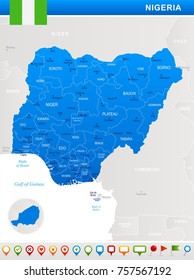 Nigeria map and flag - highly detailed vector illustration