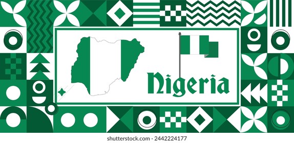 Nigeria Mapa Día de la Independencia geométrica País web banner de diseño de fondo abstracto corporativo con tema de la bandera. Ilustración vectorial de país