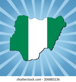 Nigeria map flag on blue sunburst illustration