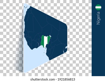 Mapa y bandera de Nigeria sobre fondo transparente. Resaltó a Nigeria en el mapa del vector azul.