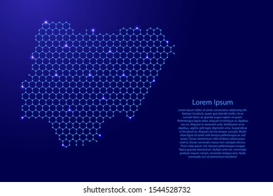 Nigeria map from futuristic hexagonal shapes, lines, points  blue and glowing stars in nodes, form of honeycomb or molecular structure for banner, poster, greeting card. Vector illustration.