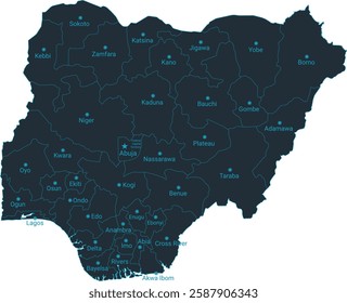 Nigeria map high detailed with administrative divide by state, capital cities names, outline simplicity style. Vector illustration EPS10.