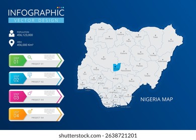 Nigeria map with location pointer marks. High detailed country map with division, cities and capital infographic template. Vector illustration EPS10