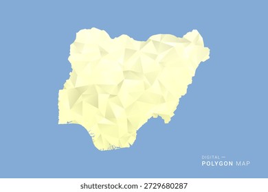 Mapa de Nigeria en estilo de Vector de polígono bajo, ilustración de forma geométrica con tonos amarillos suaves sobre fondo azul, silueta limpia para infografía.
