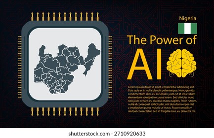 Nigeria map with microchip war and AI concept on circuit board, Power of AI with country map. Global connectivity with big data. Design for UI backgrounds or FinTech projects.