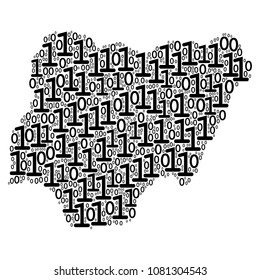 Nigeria Map mosaic icon of binary digits in variable sizes. Vector digital symbols are united into Nigeria Map collage design concept.