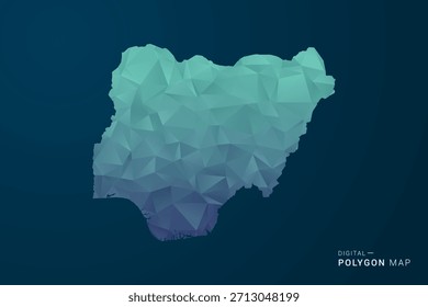 Mapa de Nigeria - Ilustración vectorial de estilo polígono con degradado azul azulado, diseño geométrico de bajo poli, inspirado en la Tecnología y digital, silueta limpia sobre fondo oscuro.