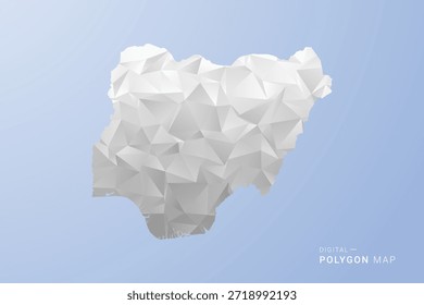 Mapa de Nigeria - Ilustración vectorial de estilo polígono en gris, blanco y azul, diseño geométrico de bajo poli, silueta mínima, adecuada para infografía y diseño moderno.