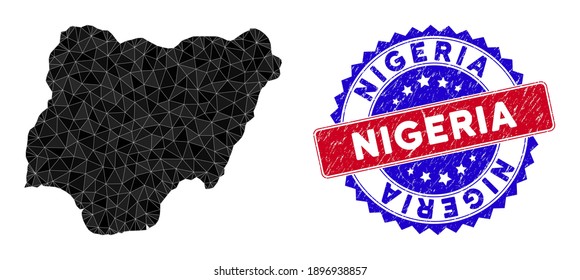 Nigeria kartiert polygonales Netz mit gefüllten Dreiecken und Gummi-Bicolor-Gummidichtung. Dreieck Mosaik Nigeria Karte mit einem maschigen Vektormodell, Dreiecke haben unterschiedliche Größen und Positionen, und Farbtöne.