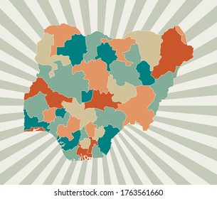 Nigeria map. Poster with map of the country in retro color palette. Shape of Nigeria with sunburst rays background. Vector illustration.