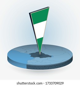 Nigeria Karte im runden isometrischen Stil mit dreieckiger 3D-Fahne Nigerias, Vektorkarte in blauer Farbe. 