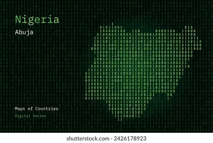 Nigeria Map Shown in Binary Code Pattern. Matrix numbers, zero, one. World Countries Vector Maps. Digital Series