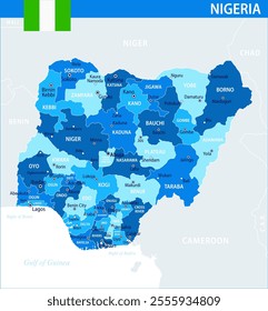 Nigeria Map Vector Blue Spot - Customizable layered political map of Nigeria with administrative divisions for website, education, reports, news, politics, print, poster and wallpaper