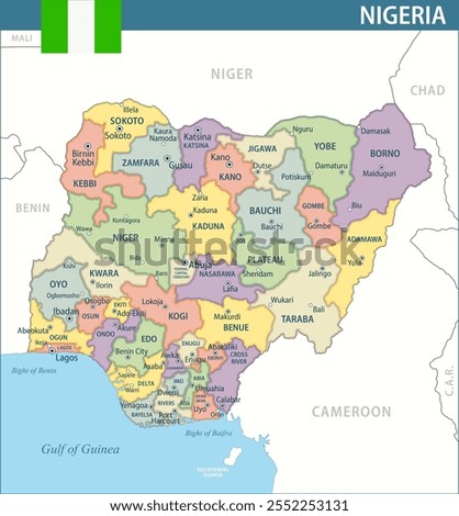 Nigeria Map Vector New 2024 Colorful - Customizable layered political map of Nigeria with administrative divisions for website, education, reports, news, politics, print, poster and wallpaper