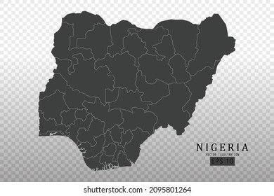Mapa de Nigeria - Mapa Mundial de la plantilla de vectores internacionales con alto nivel de detalle incluyendo color de contorno negro y gris aislado en fondo transparente - Ilustración vectorial eps 10