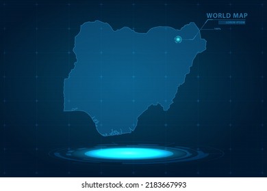 Nigerianische Karte - Weltkarte, internationale Vektorvorlage mit Hologramm im Perspektivstil und HUD, GUI, Benutzeroberfläche einzeln auf blauem Hintergrund für Design - Vektorgrafik eps10