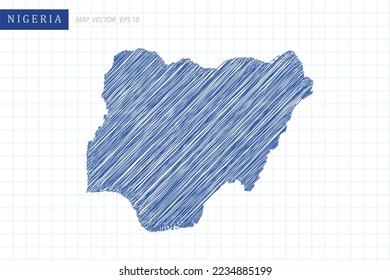 Mapa de Nigeria - Mapa Mundial Plantilla vectorial Internacional con esquema azul gráfico y dibujo de lápiz estilo aislado en fondo blanco de cuadrícula para diseño, sitio web - Ilustración vectorial 10